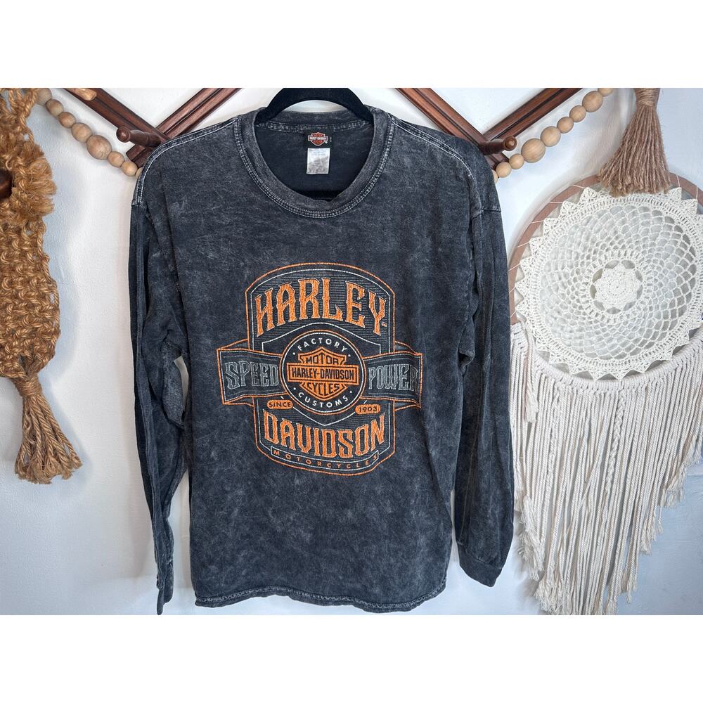 Harley Davidson Acid Wash Long Sleeve Graphic Biker Top